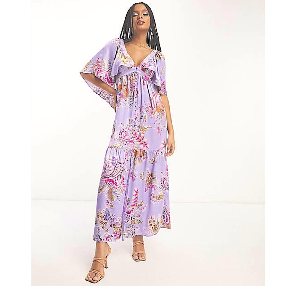 Floral Print Flutter Sleeve V Neck Satin Maxi Dress w tier trim NWT L/XL Sz 12